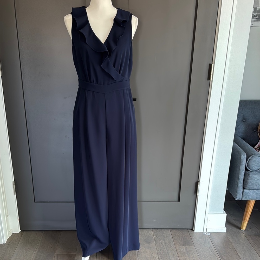 Boden Navy Ruffled V-Neck Jumpsuit